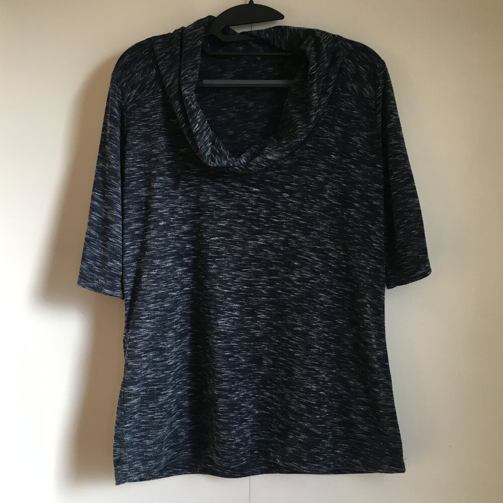 Blue Heathered Cowl Neck Jersey Knit 1/2 Sleeve Top
